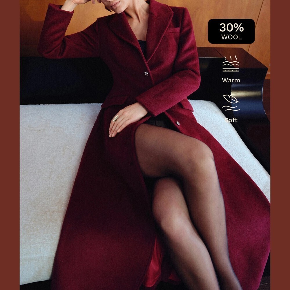 Burgundy Button Front Notch Lapel Long Overcoat - Picture 5 of 6